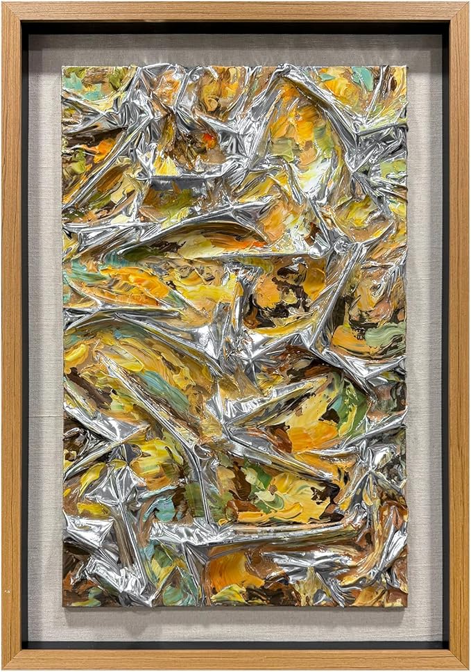 BrightA Textured silver leather abstract art - vibrant spray-painted fluid colors (yellow/orange/green) with solid wood frames, modern wall sculptures, contemporary living room 27.5"x 39.4"