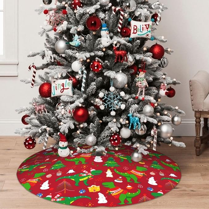Cute Christmas Dinosaur Christmas Tree Skirt 48 Inches Animal Tree Skirt Xmas Tree Mat Holiday Party Supplies Christmas Tree Decorations