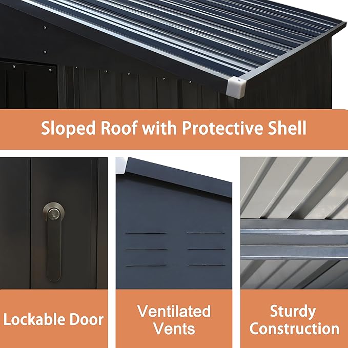 VEIKOU 8x10FT Outdoor Storage Shed with Thickened Galvanized Steel, Metal Storage Shed with Lockable Door & Air Vents, Garden Tool Metal Shed for Patio Garage Yard, Gray