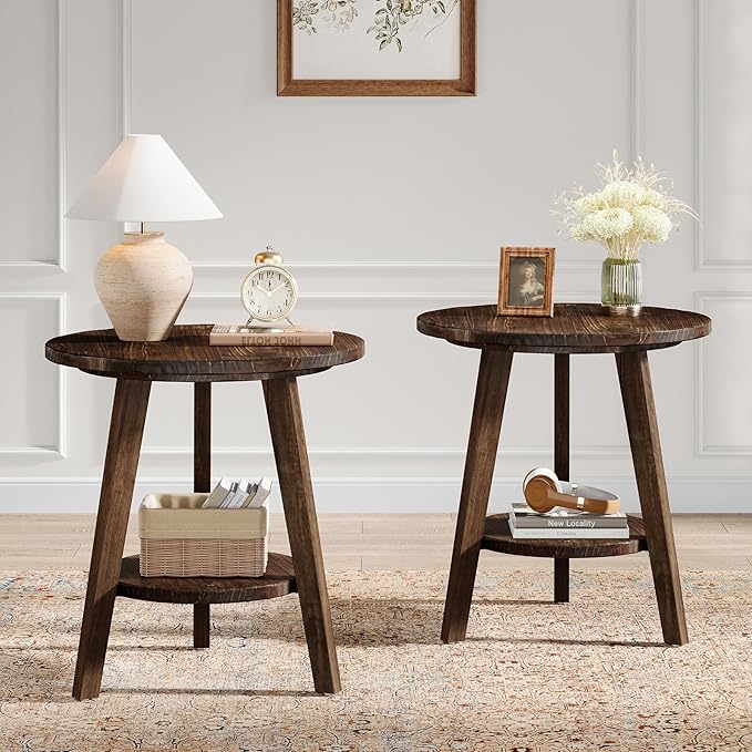 Solid Wood Round End Table, Sofa Side Table with Storage Shelf, Farmhouse Nightstand for Living Room, Bedroom, Easy Assembly (Dark Brown, 2 PCS)
