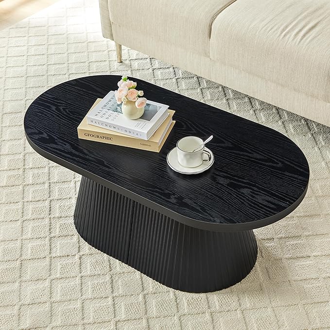 Fluted Coffee Table with Sturdy Tapered Base, Wood Oval Small Coffee Table, Mid Century Modern Center Table for Living Room Office (Black)