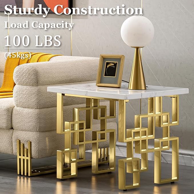 AUZ Gold End Table Set of 2, Modern Square Living Room Side Table with White Top and Gold Mirrored Metal Geometric Base