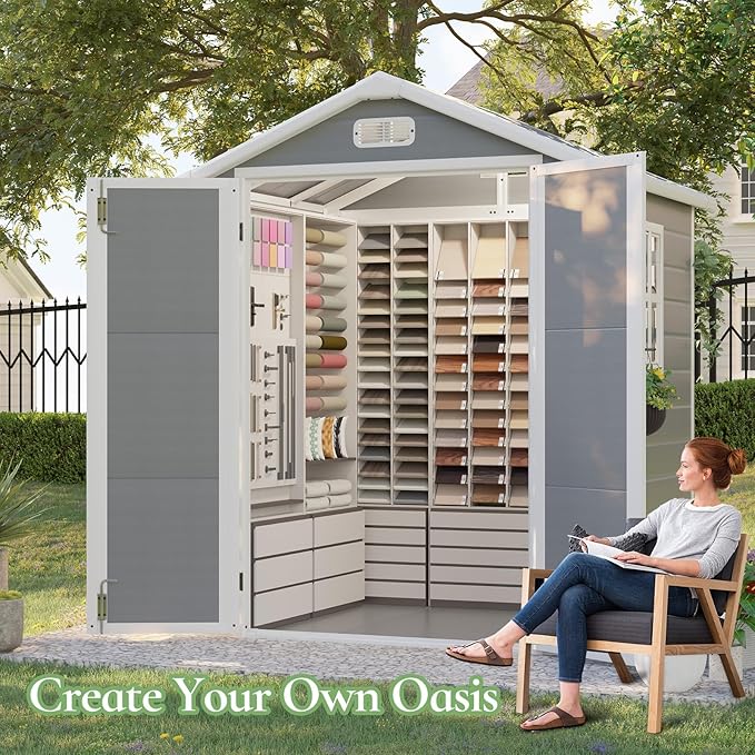 5.5 x 4.4 ft Resin Storage Shed with Floor, Outdoor Tool Shed with Window, Vents, and Stainless Steel Cores, for Pool Supplies/Lawn Mower/Bikes, Grey