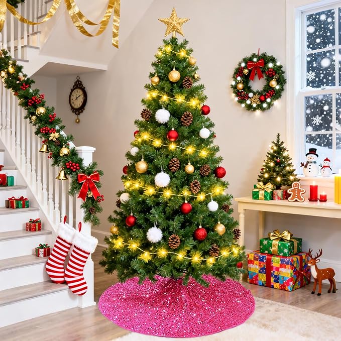 FUHSY Hot Pink Christmas Tree Skirt Sequin Glitter Velvet Tree Skirt 46 Inch Fuchsia Round Tree Skirts Luxury Thick Xmas Tree Mat Sequence Tree Collar for Christmas Tree Indoor Decor