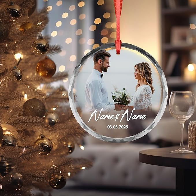 Custom Couple Photo Ornament – Personalized Names & Date Keepsake – Acrylic or Glass Wedding Ornament – Engagement