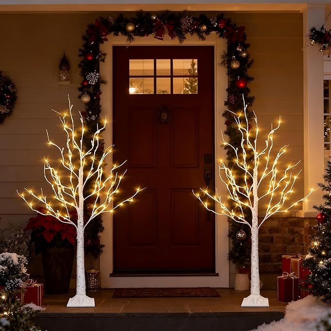 Dazzle Bright 2 Pack Lighted Birch Tree, 4 FT Total 96 LED Pre-lit Artificial Christmas Tree with Timer, Christmas Decorations Indoor Outdoor for Home Garden Party Thanksgiving Decor, Warm White