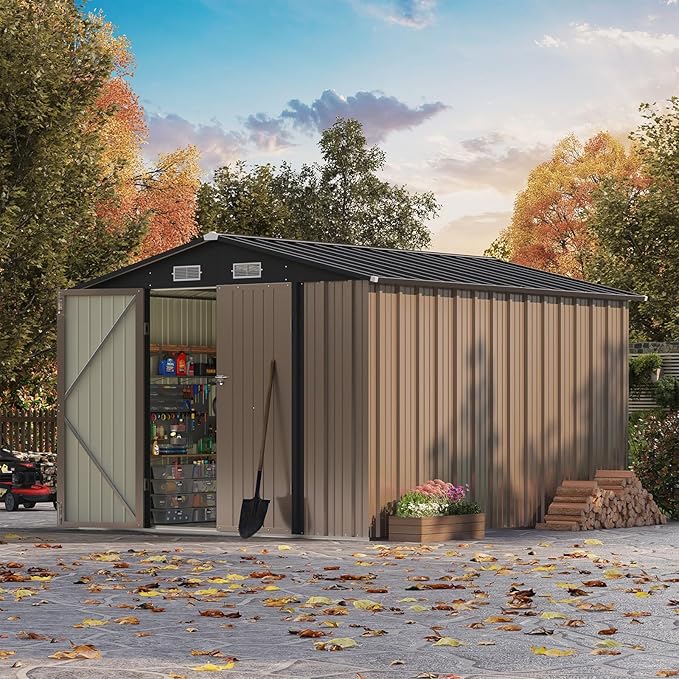 Patiowell 8x10 FT Outdoor Storage Shed, Large Garden Tool Metal Shed with Sloping Roof and Double Lockable Door, Outdoor Shed for Backyard Garden Patio Lawn, Brown