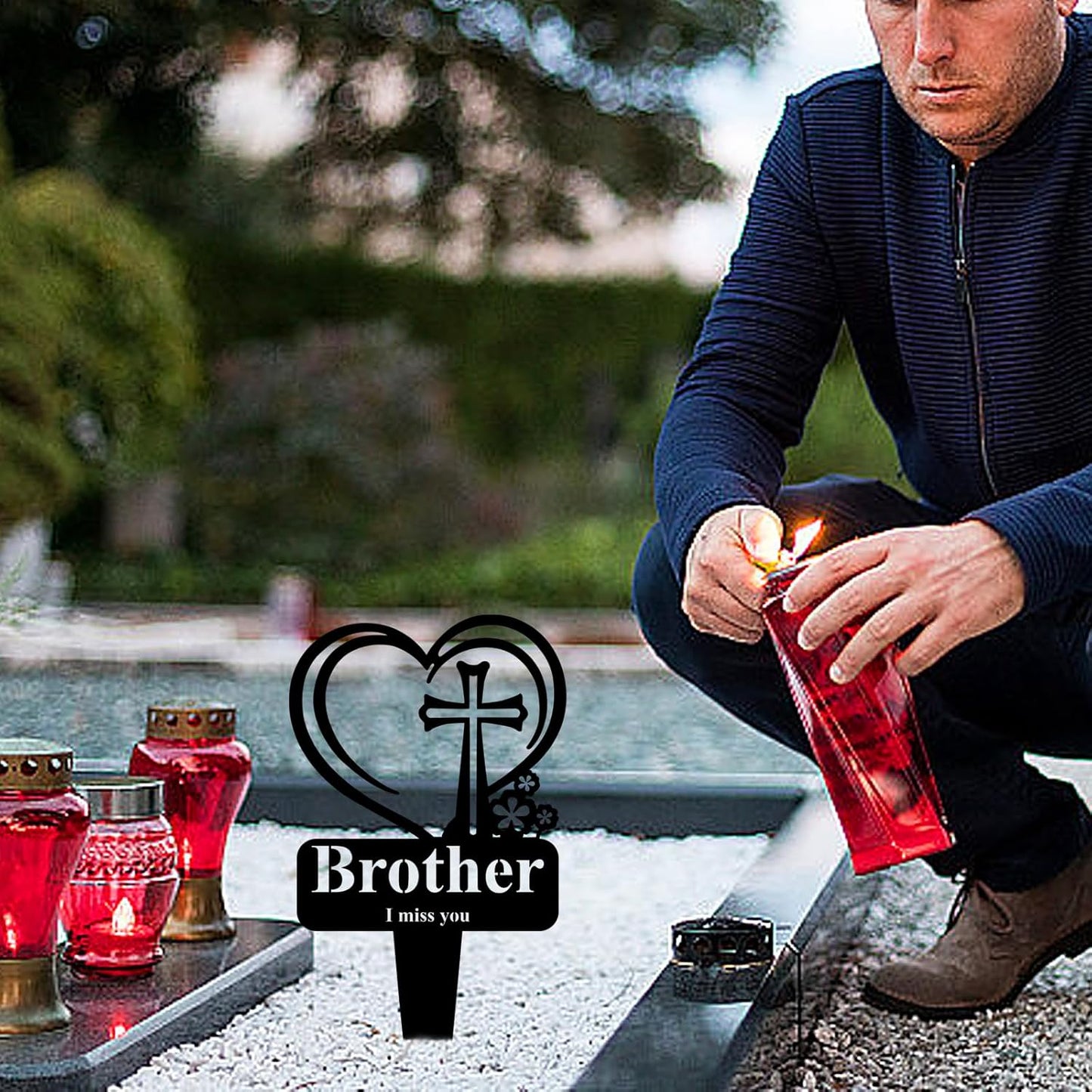Brother Memorial Grave Stake, Cemetery Decorations for Grave Markers 12.5 x 7.2 inch Heart Metal Sympathy Stakes Graveside Plaque Decor Sign for Brother Graves, Yard, Garden - Black-Brother