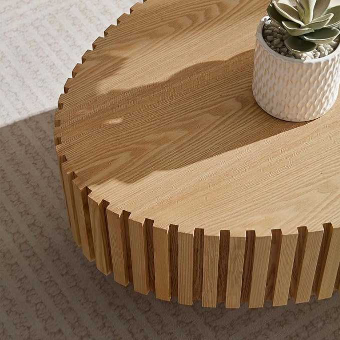 WILLIAMSPACE 43.7" Oval Coffee Table, Modern Luxury Wood Drum Center Table for Living Room, Handcraft Accent Side End Table for Apartment, 43.7"*24.8"*13.78"H (Oak)