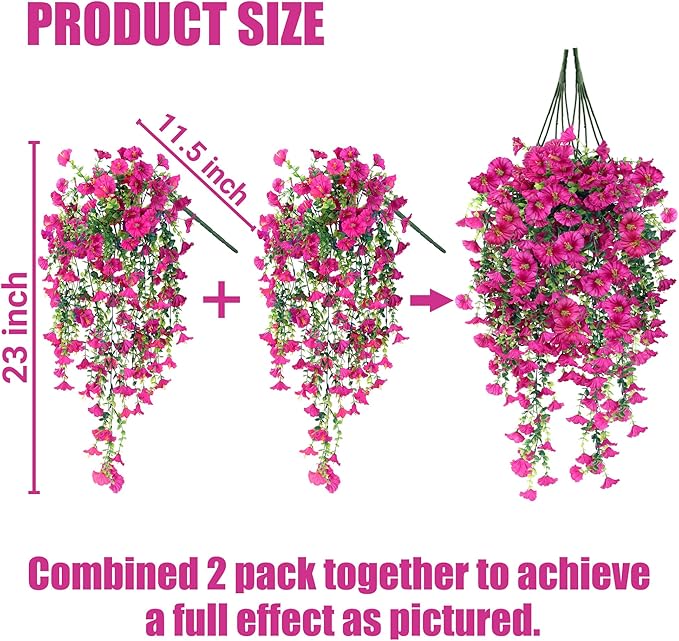 Sggvecsy Artificial Fake Hanging Flowers Plants for Outdoor Outside Spring Summer Decoration 2PCS Faux Silk UV Resistant Realistic Morning Glory with Eucalyptus for Home Porch Patio Balcony(Magenta)