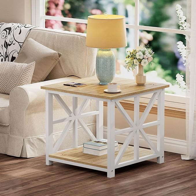 GreenForest End Table with 2-Tier Storage Shelf, 24 inch Large Side Table for Living Room, Modern Nightstand for Bedroom Bedside Office Farmhouse, Oak