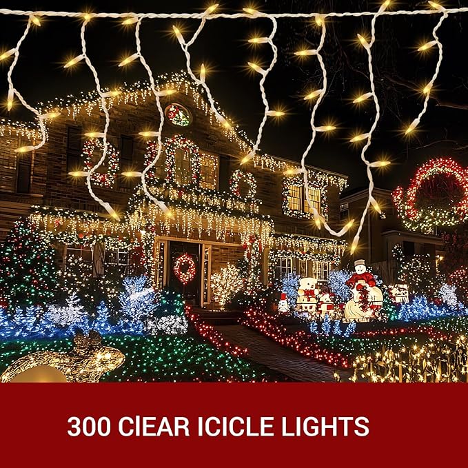 new one 2 Pack Icicle Christmas Lights for Outside Warm White 17.67FT 300 Incandescent Lights, Connectable String Lights with White Wire, 54 Drops