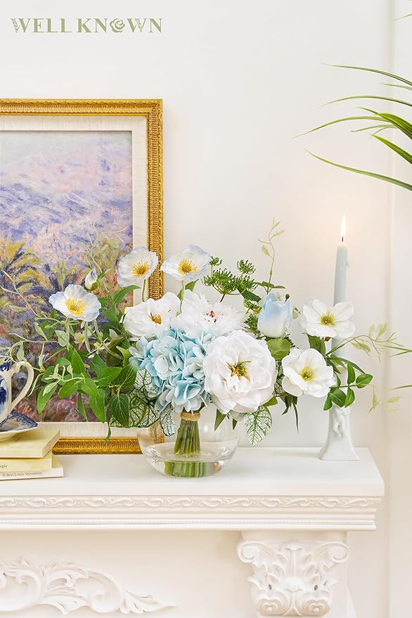 WELL KNOWN Artificial Silk Flowers Bouquet with Vase, Fake Flower Arrangements in Glass Vase with Faux Water for Spring Summer Seasonal Home Office Hotel Wedding Table Decor (Blue in Spring)