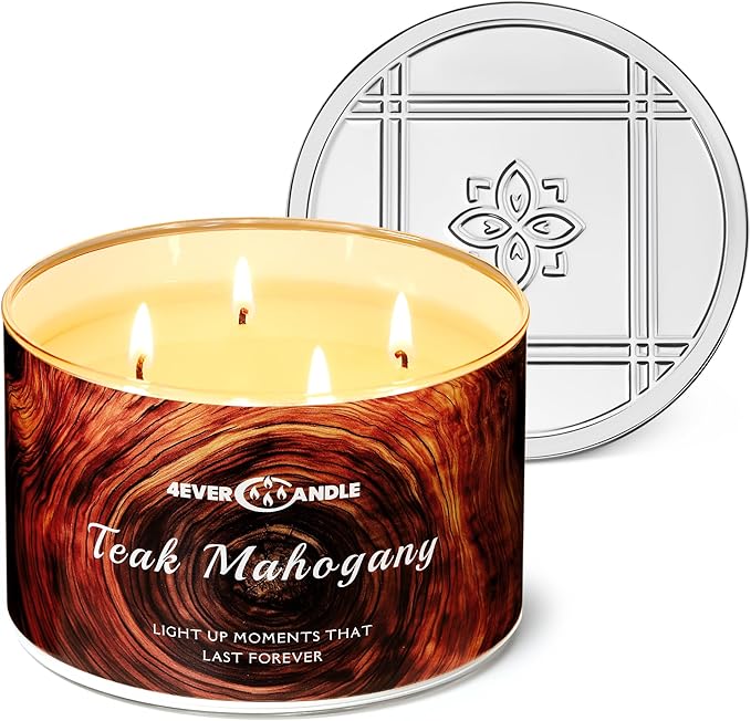 Soy Wax Blend Candle for Home, 4-Wick Candles in Teakwood & Mahogany Scented, Aromatherapy Candles Gift for Parties, Relaxing, Over 50 Hours of Burn Time, 18oz