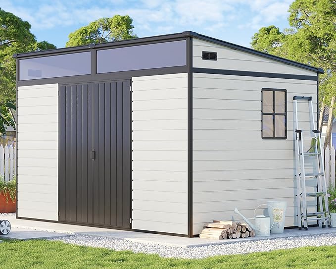 Jocisland 10x7x6.7 FT Outdoor Resin Storage Shed with Floor & Double Doors, Sloped Roof Garden Shed with Skylight Panels, Window & Vents, Waterproof UV-Resistant Tool Sheds for Garden, Lawn, Backyard