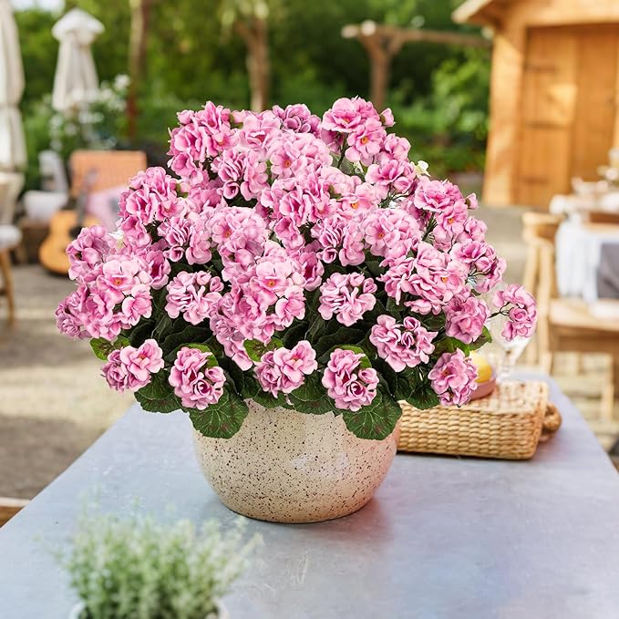 Plastic Flowers for Outdoors Home Decor Fake Plants Artificial Flowers Artificial Geraniums Outdoor Fake Flowers Silk Bouquet, Fall Decor for Interior Porch Garden Decor14.4 (Pink) 8PCS