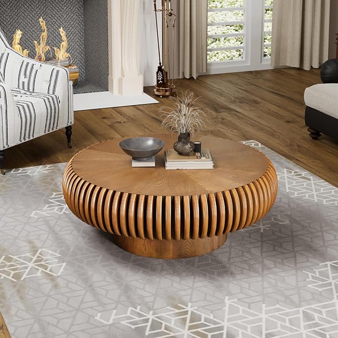 31.5" Drum Coffee Table Modern Unique Fluted Tea Table Contemporary Wood Round Coffee Table with Fluted Centry Table for Living Room Walnut (31.5" Brown)