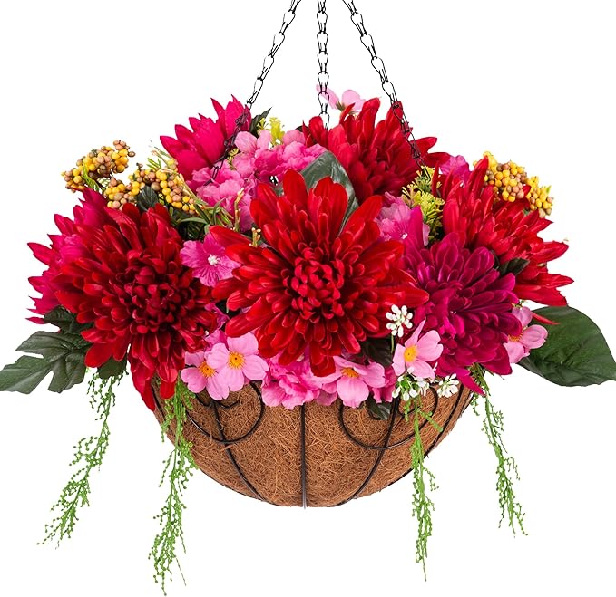 HyeFlora Artificial Fake Hanging Fall Mums Flowers Baskets for Outdoor Decoration, Faux Red Chrysanthemum Silk Red Flower, UV Resistant Realistic for Porch Patio Balcony Yard Summer Autumn Decor