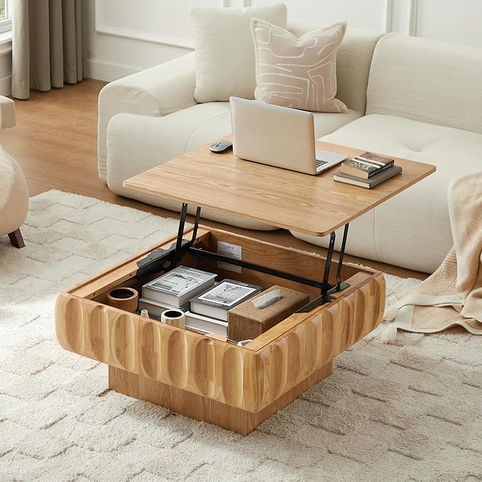 31.1" Square Lift-Top Coffee Table, Modern Fluted Tea Table with Hidden Storage for Living Room, Apartment or Office, Nature