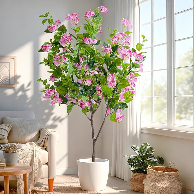 4FT Artificial Bougainvillea Tree Artificial Tree Tall Potted Fake Bougainvillea Trees for Outdoor Indoor Lifelike Potted Faux Plants with Wood Trunk and Flowers Office Wedding Home Decor