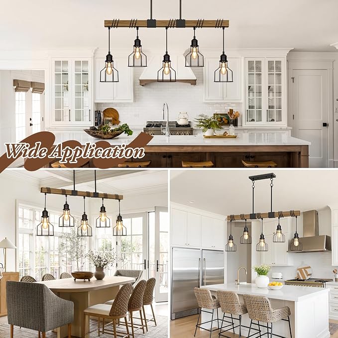 5-Light Dining Room Light Fixture, 63" Adjustable Height Pendant Lights Kitchen Island Black Metal & Rustic Wood Modern Linear Ceiling Chandeliers Over Table with E26 Base for Farmhouse Bar