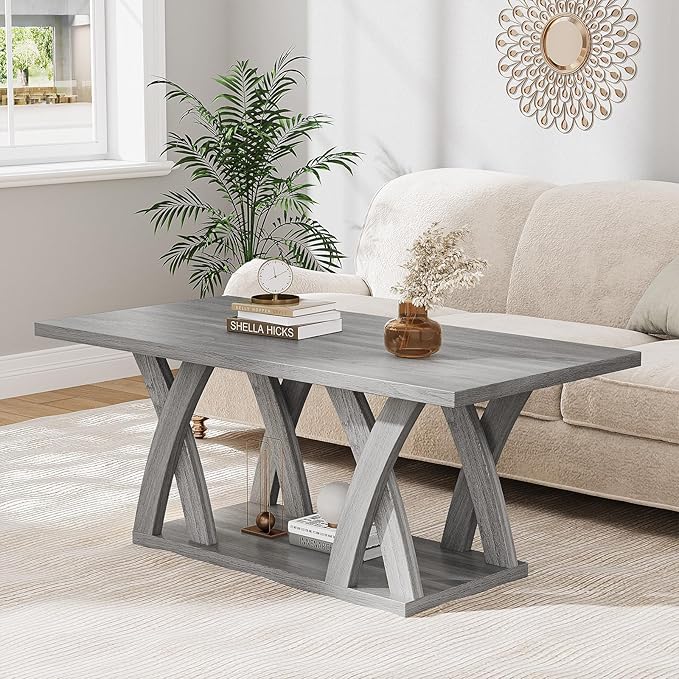 47” Farmhouse Coffee Tables for Living Room Rustic Stands with Storage Shelf Grey Coffee Tables for Living Room Farmhouse Center Stands with Shelf Wood Rectangle Center Table