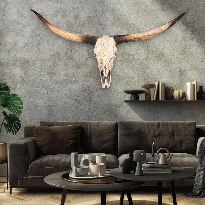 Cow Skull Wall Decor,Long Horn Cow Skull Wall,Resin Skull Sculpture Wall Hanging Art,Faux Taxidermy Head Wall Decor,Bull Skull Wall Decor for Rustic Farmhouse Style,Home Office-71Inch (jumbo Brown )