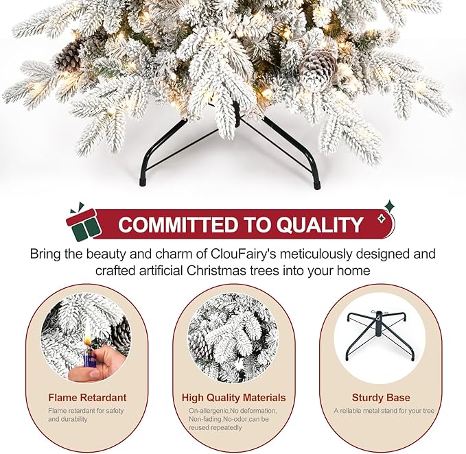 4 FT Pre-Lit Snow Flocked Slim Fir Christmas Tree with 455 PE & PVC Mixed Branch Tips,Artificial Skinny Pencil Xmas Tree with 200 Warm-White Lights & 19 Pine Cones,Hinged Pine Tree with Metal Stand