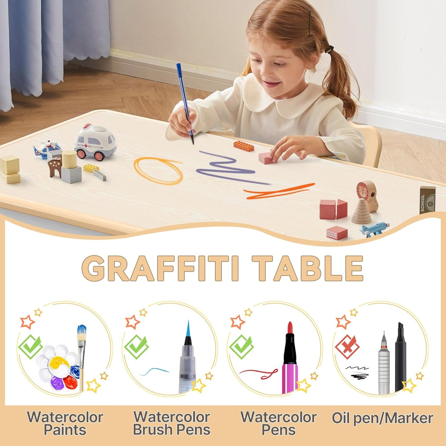 Kids Study Table and Chairs Set, Height Adjustable Toddler Table and Chair Set for Kids Ages 3-8, Graffiti Desktop (Wooden Brown)