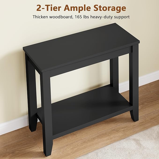 Hoctieon End Table with Double Storage Shelves, Sturdy Wooden Side Table for Living Room, Bedroom, Modern Nightstand Sofa Table for Small Spaces, Black