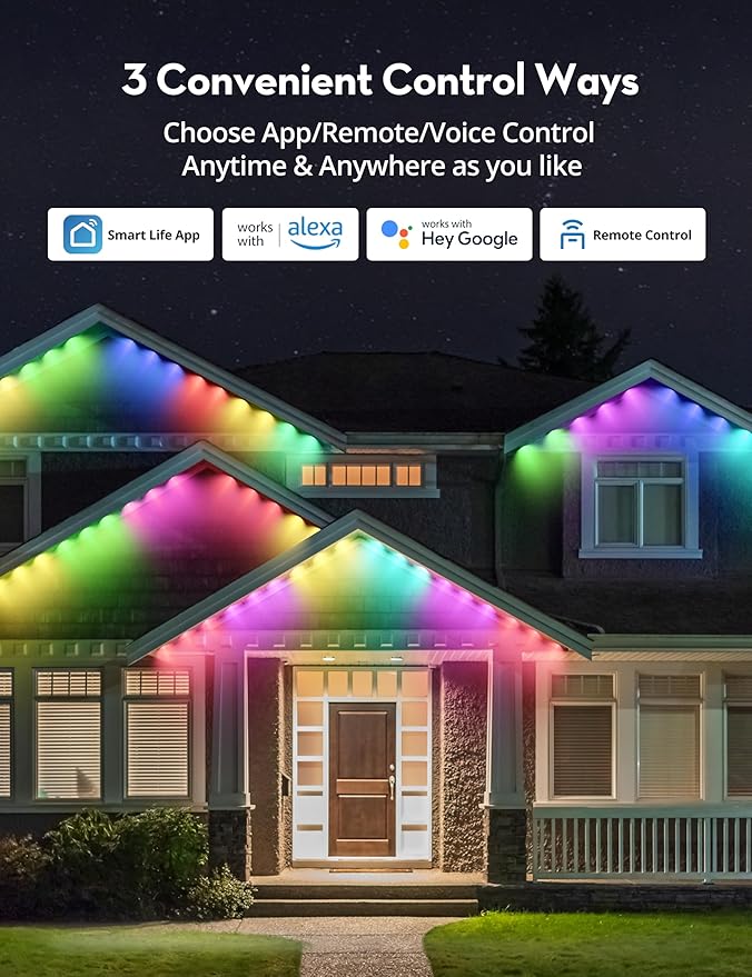 RGB+IC Permanent Outdoor Lights, 100Ft Smart Eave Lights, String Lights, IP67 Waterproof for House Garden Christmas Decor Birthday Gift with Alexa, Google Assistant APP/Remote Control