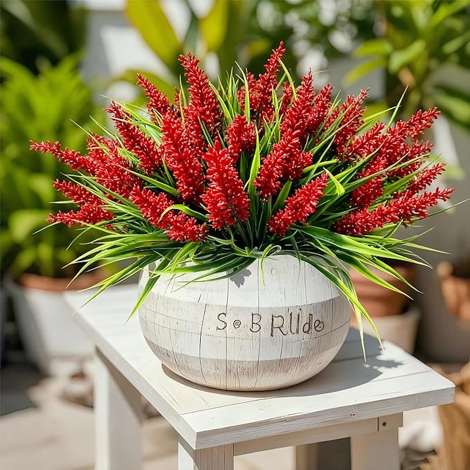 Geegoods Artificial Red Lavender Flowers for Outdoors – 48 Bundles UV Resistant Fake Flowers with Monkey Grass, Realistic Artificial Plants Outdoor for Garden, Patio, Porch, Window Box & Home Décor