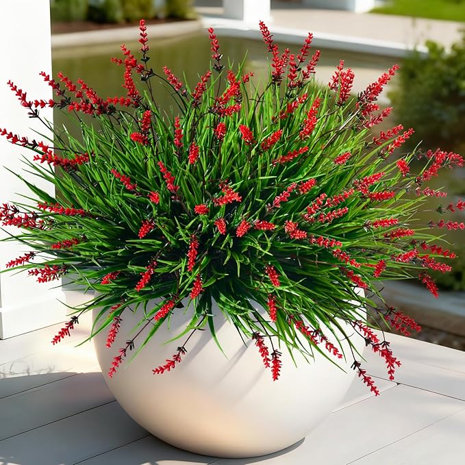 12 Bundles Artificial Lavender Flowers Faux Plants for Outdoor Fake Monkey Grass with Flowers Realistic Faux Greenery Shrubs for Porch Planters Patio Garden Window Boxes Pathway Decor (Red)