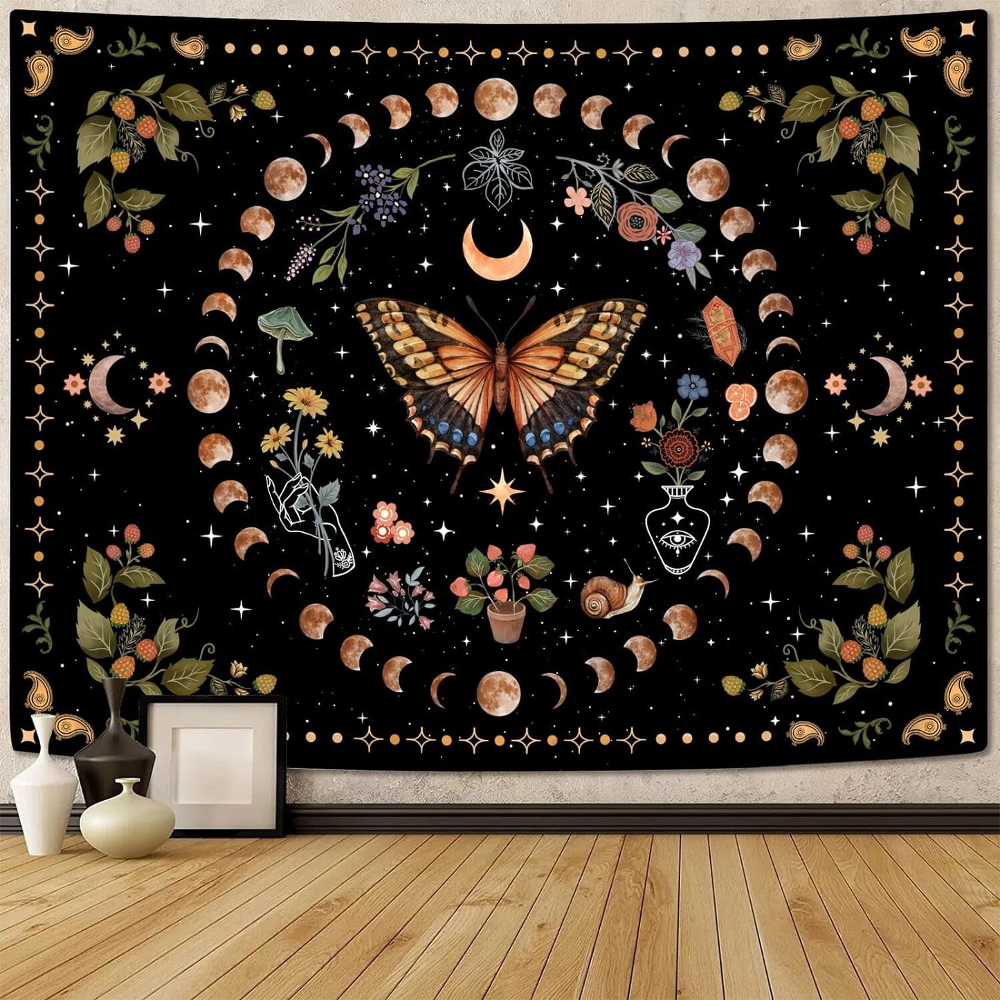 Aipon Yellow Butterfly Moon Flower Tapestry Botanical Floral Plant Boho Tapestry for Bedroom Aesthetic Vintage Tapestries Wall Hanging for Living Room Dorm (60.00'' × 80.00'', Yellow)