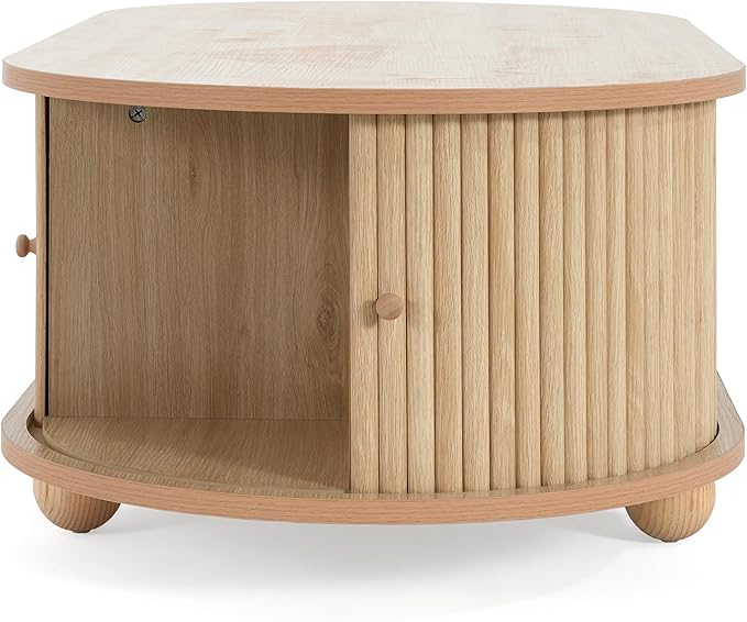 WILLIAMSPACE 47.24" Oval Coffee Table with Large Storage, Modern Luxury Wooden Drum Center Table with Round Legs for Living Room, Handcraft Accent Side Tea Table for Apartment, Natural