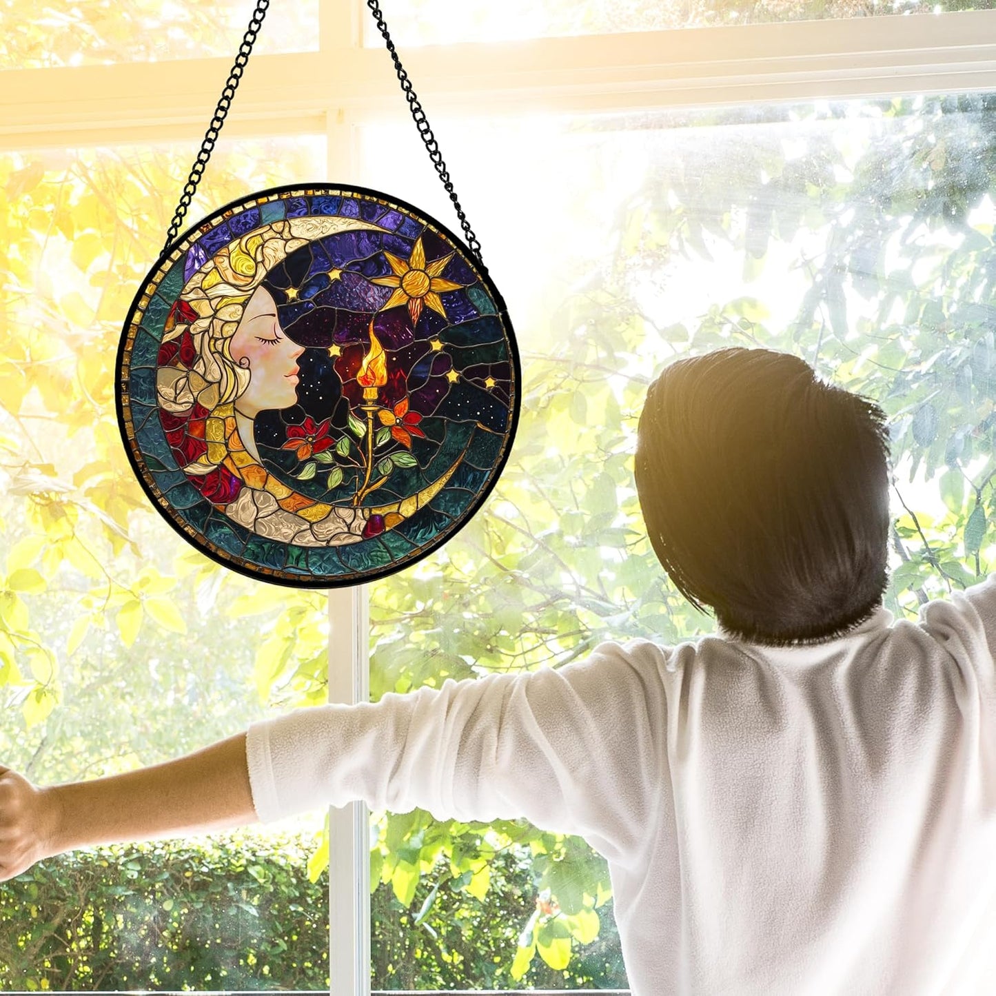 Stained Glass Window Hanging, Moon Goddess Torch Suncatcher Diamond Glass Panel Hangings Dream Sun Catchers Decor for Birthday for Women, Men, Wife, Aunt, and Mom 11.8x11.8 in