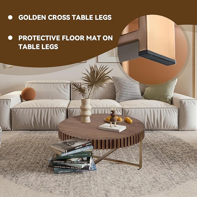 LKTART 31.5'' Round Coffee Table for Living Room, Solid Wood Handcraft Drum Coffee Table, Wooden Felief Coffee Table, Stainless Steel Legs Sturdy Pedestal Tea Table, Apartment Small Space,Walnut