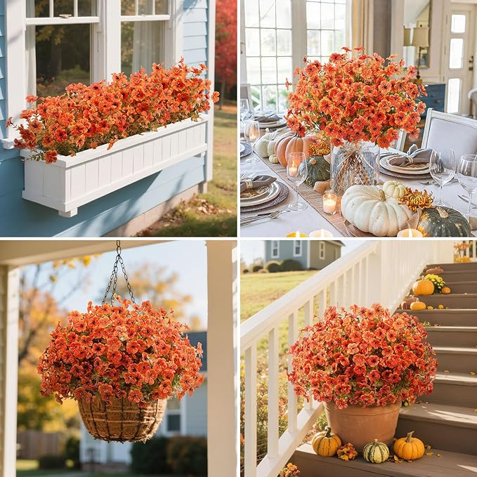 20 Bundles Artificial Fall Flowers for Outdoors Decoration, Fake Mums Silk Daisy Faux Plastic Plants Boston Fern UV Resistant for Autumn Thanksgiving Garden Planters Home Decor, Orange