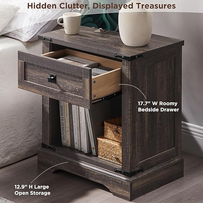 T4TREAM 24" Farmhouse Nightstand with Charging Station Set of 2, Large End Table with Drawer and Open Storage Cabinet, Rustic Wood Bedside Table Sofa Table for Bedroom, Dark Rustic Oak