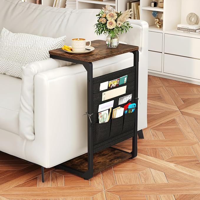 C-Shaped End Table with Storage Bag, Small Couch Side Table, Sofa TV Tray Table for Living Room, Bedroom, Bedside ET-P-BRW1