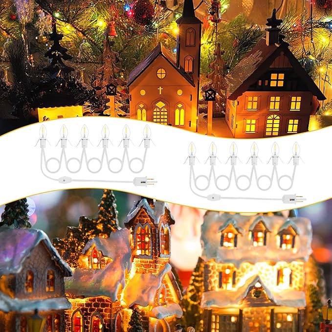 2Pack Accessory Cord with 12 LED Light Bulbs Christmas Village String Light 10.3FT White Cord with Spare Fuse Warm White C7 Lamp for Halloween Pumpkins Christmas Village Houses and Craft Decoration