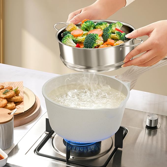 Kitchen Cookware Sets, 21 Pcs Pots and Pans Set Non Stick, Granite Induction Cookware With Steamer Basket, Nonstick Cooking Pot and Pan Set, 4-Cup Egg Pan Set, PFOS PFOA Free, Cream White