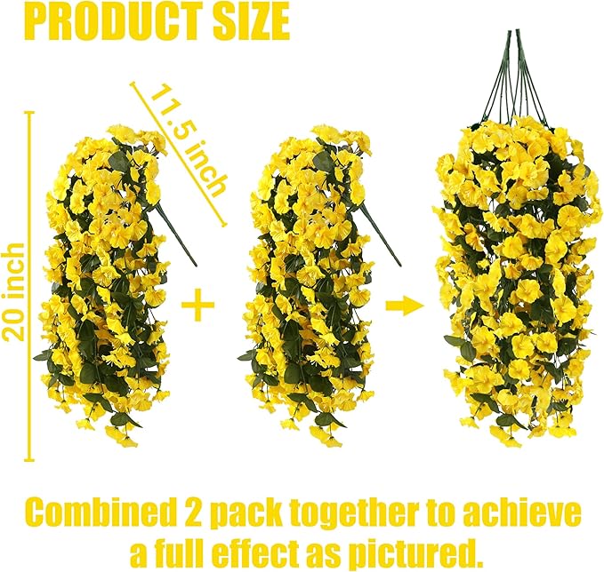 Sggvecsy Artificial Fake Hanging Flowers Plants for Outdoor Outside Spring Summer Decoration 2PCS Faux Silk UV Resistant Realistic Morning Glory Trailing Vines for Home Porch Patio Balcony(Yellow)