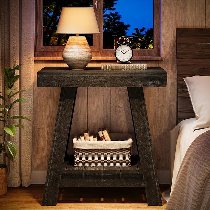 Tribesigns 2-Tier Wooden End Table, Farmhouse Small Sofa Side Table with Storage, Slim Narrow Nightstand for Living Room, Bedroom, Small Spaces, Rustic Grey