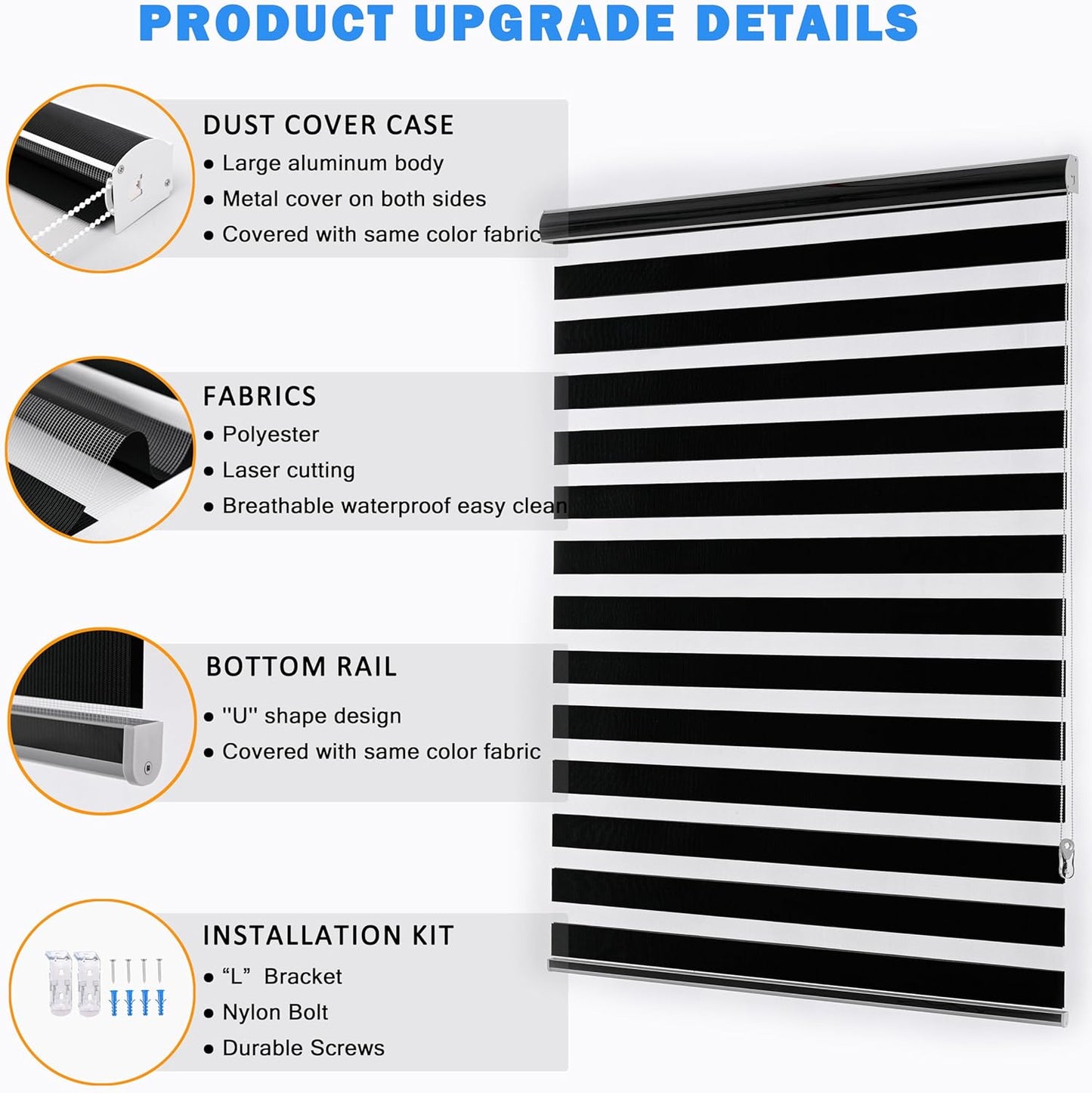 Blackout Zebra Blinds, Dual Layer Free-Stop, Room Darkening Zebra Shades, Blinds for Indoor Windows, Light Filtering Privacy Sheer Shade for Home(72" W X 72" H, Black)