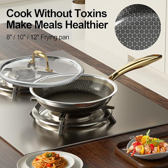 Fogdream 8"10"12" Non Stick Frying Pans Set, Stainless Steel Skillet with Lid, Tri-Ply Stainless Steel for All Cooktops, Dishwasher and Oven-Safe Cooking Pan, Stay-Cool Handle, Gold