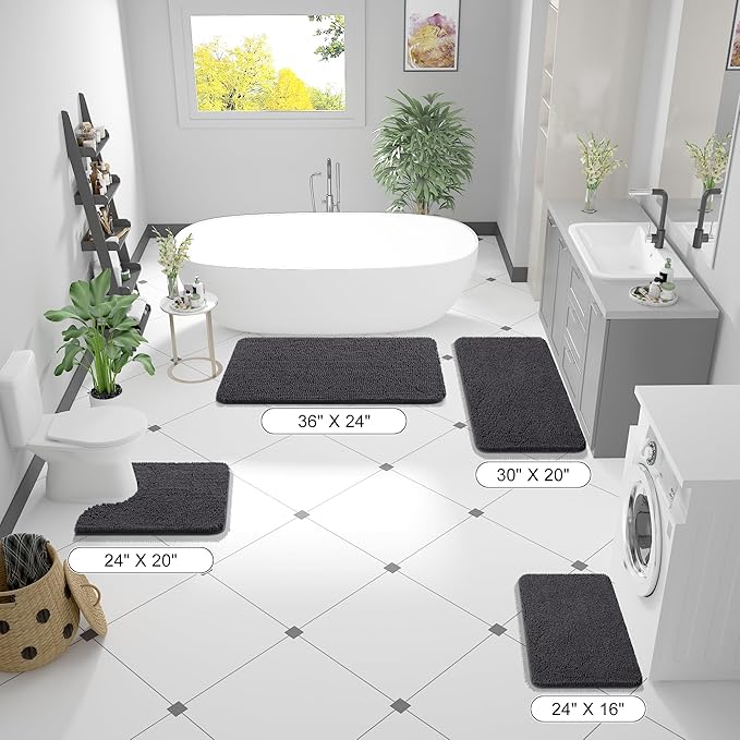 OLANLY Bathroom Rugs 47x24, Extra Soft Absorbent Chenille Bath Rugs, Rubber Backing Quick Dry, Machine Washable Bath Mats for Bathroom Floor, Tub and Shower, Home Decor Accessories, Dark Grey
