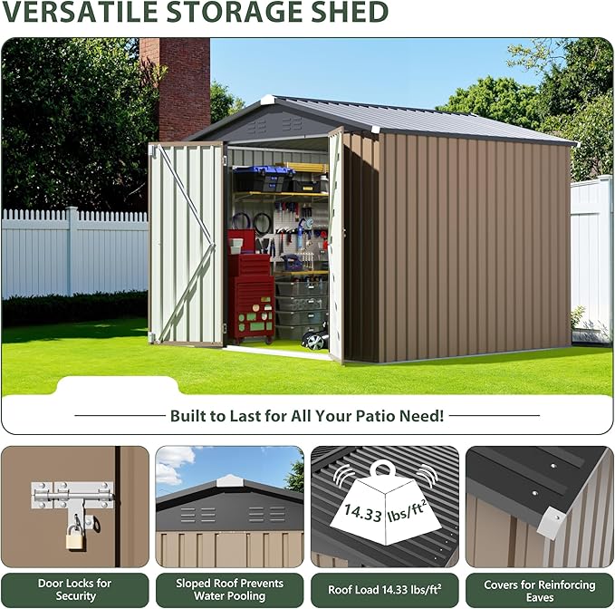 JUMMICO 8x8 FT Outdoor Storage Shed, Heavy Duty Tool Metal Sheds with Lockable Doors and Updated Frame Structure for Backyard Patio Lawn, Brown