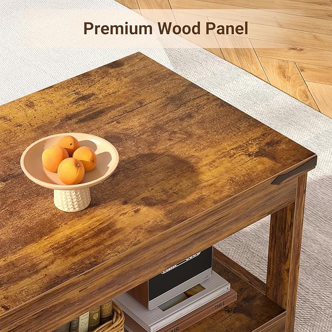 Homieasy Coffee Table with Storage Shelf, 43.3” Farmhouse Wood Coffee Tables for Living Room, Modern Center Tea Table, Rustic Brown
