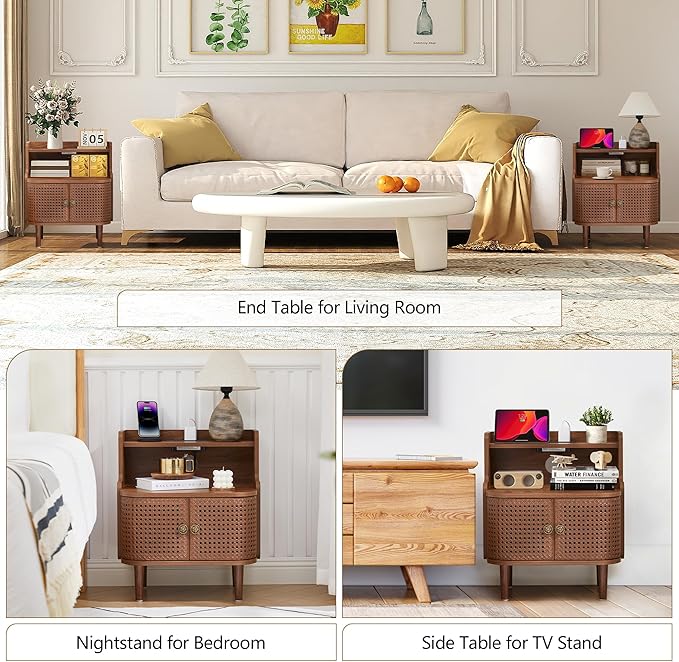 Metal Rattan End Table Set of 2 with Charging Station, Mid Century Modern Nightstand with 2 Doors, Bed Side Table with Storage for Couch,Living Room, Sofa Side Table for Office,Dorm - Walnut